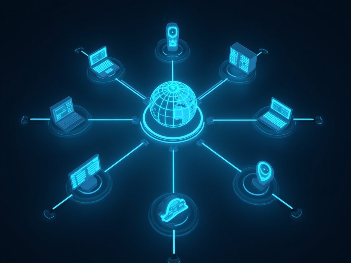 Red informática conectada: un globo central unido a computadoras, servidores y dispositivos